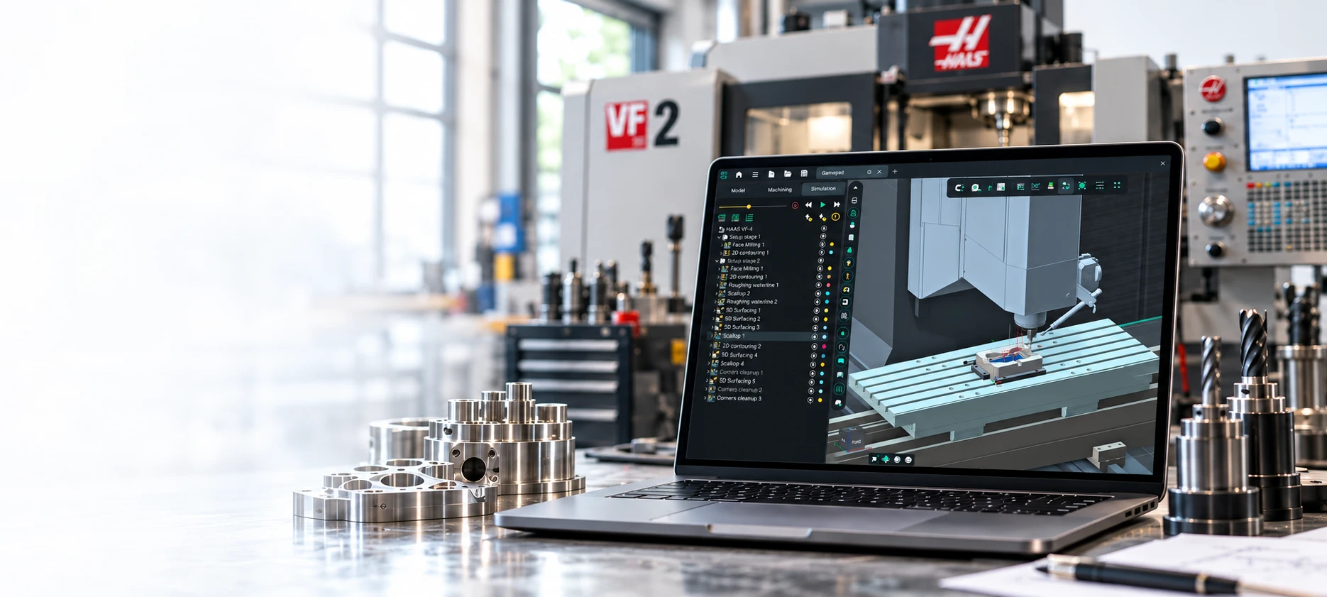 Una computadora muestra la simulación de máquina de ENCY CAM en un taller de mecanizado CNC