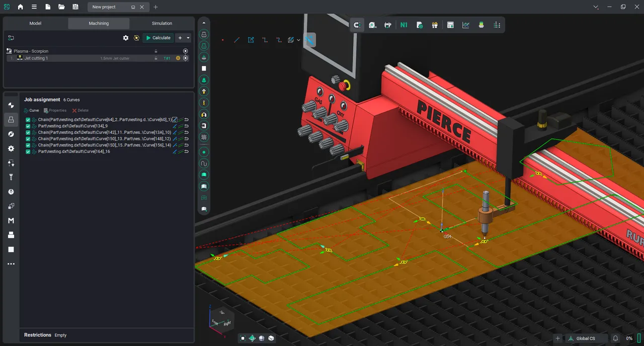 Mesa de plasma con perfiles, entradas y movimientos de transición programados en ENCY CAM