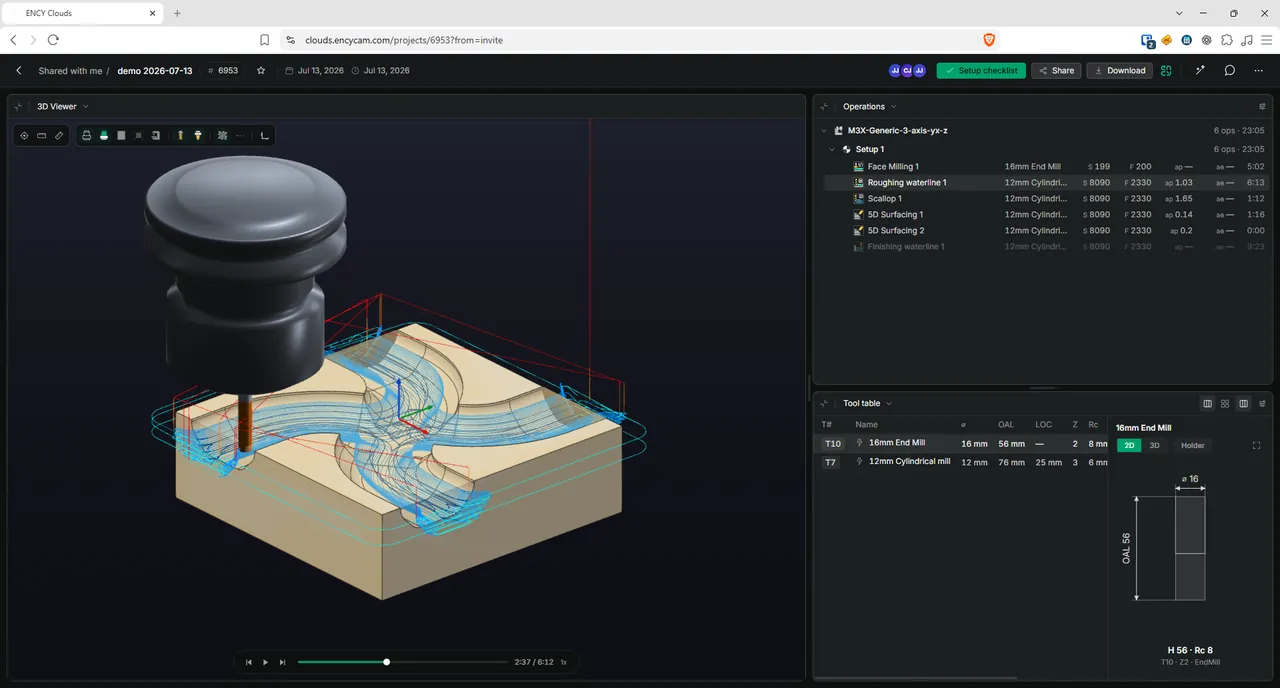 Proyecto de mecanizado compartido abierto en el visor 3D web de ENCY Clouds