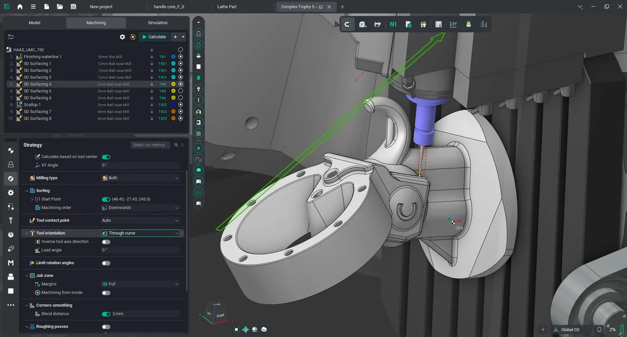 Orientación de herramienta mediante una curva guía verificada dentro de una Haas UMC-750 en ENCY CAM