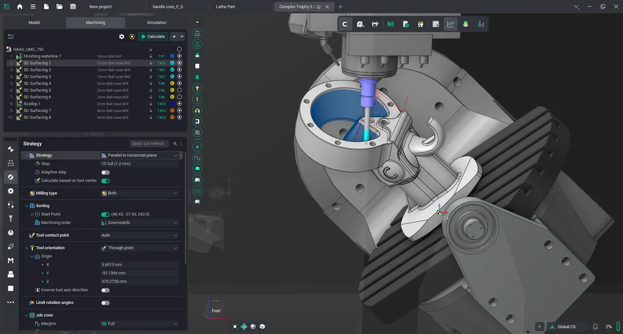 Control de orientación de herramienta mediante un punto guía durante fresado simultáneo en una Haas UMC-750