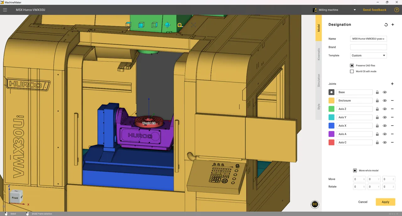 Centro de mecanizado CNC con sus ejes y articulaciones identificados en MachineMaker