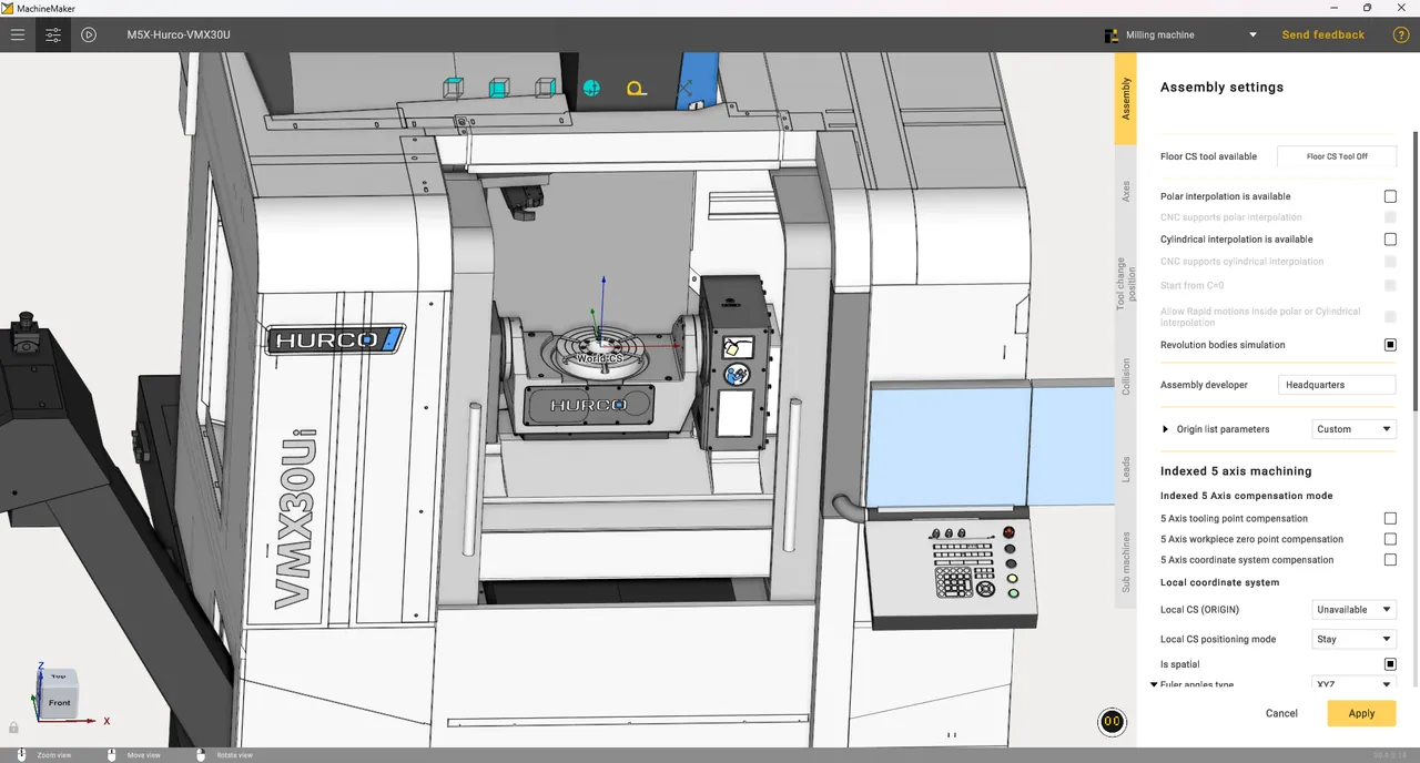 Configuración visual de ensamble y capacidades de una máquina CNC en MachineMaker