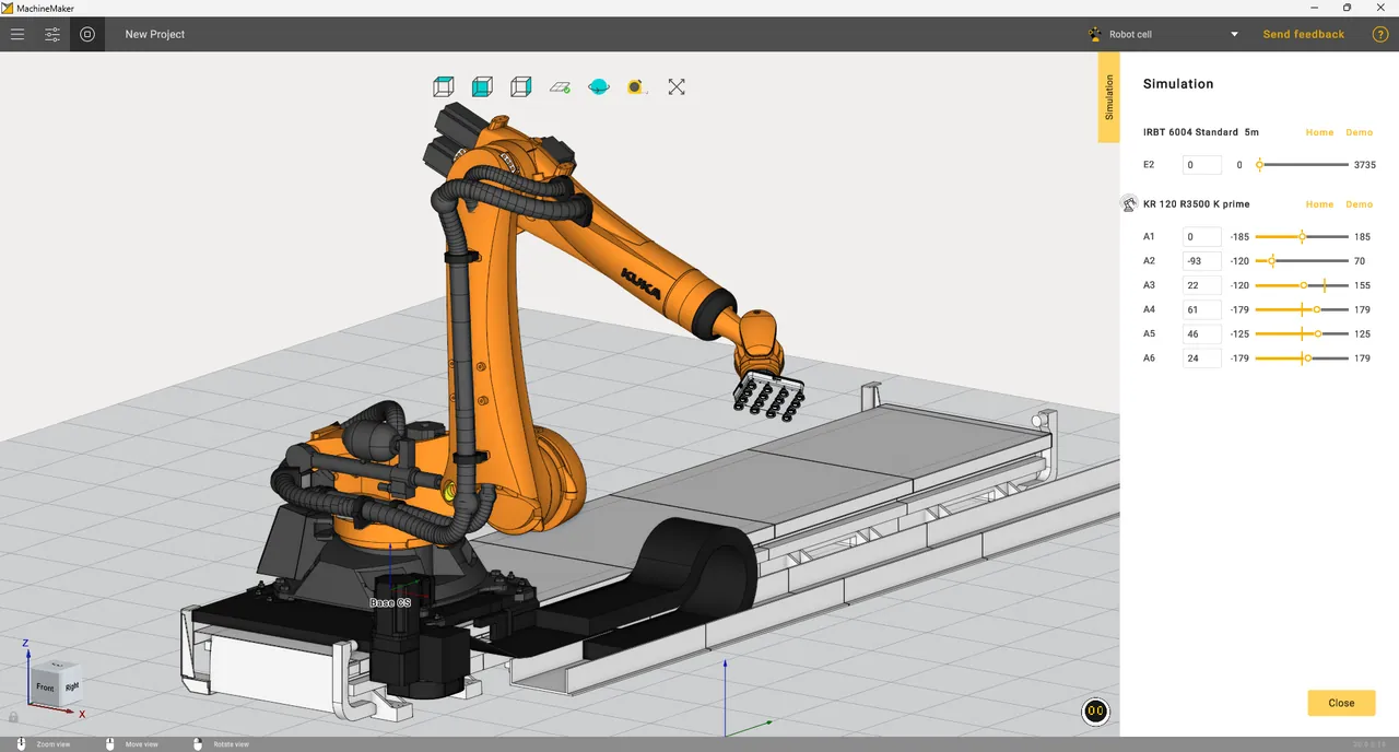 Robot KUKA sobre un riel externo con controles de articulaciones en MachineMaker