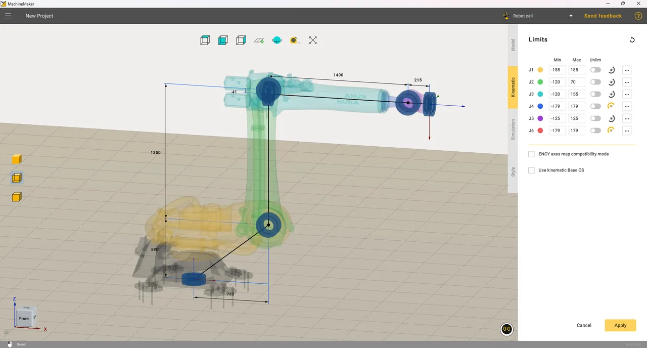 Esquema cinemático de un robot con dimensiones, articulaciones y límites J1 a J6 en MachineMaker