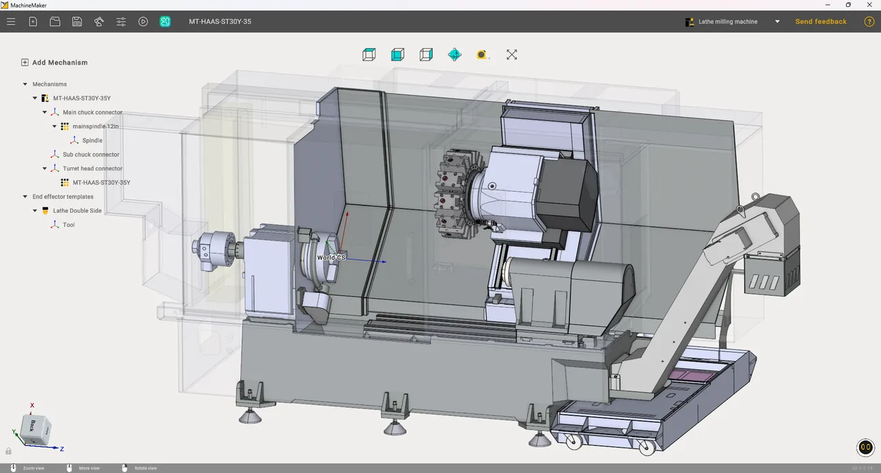Máquina torno-fresadora con jerarquía de mecanismos, husillos y torreta en MachineMaker