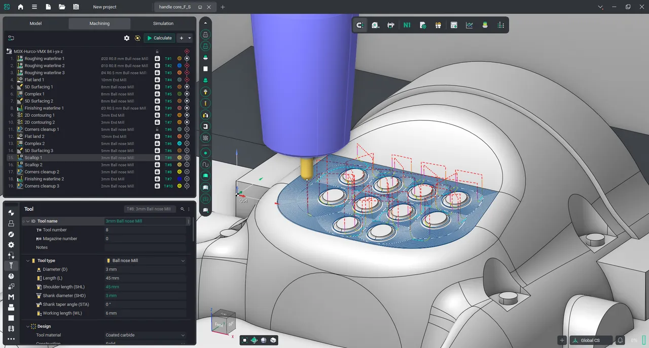 Herramienta y trayectorias de fresado de superficies sobre una pieza programada para una máquina Hurco en ENCY CAM