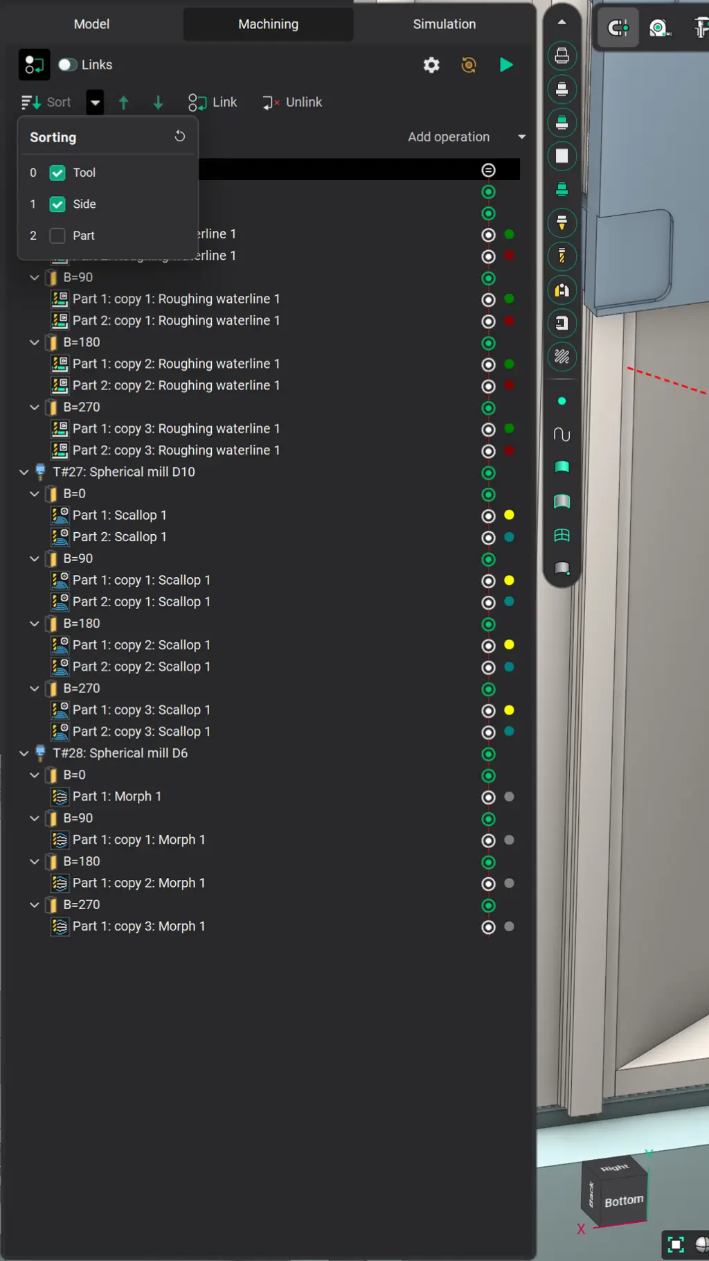 Árbol de operaciones y grupos de mecanizado de un proyecto con múltiples piezas en ENCY CAM