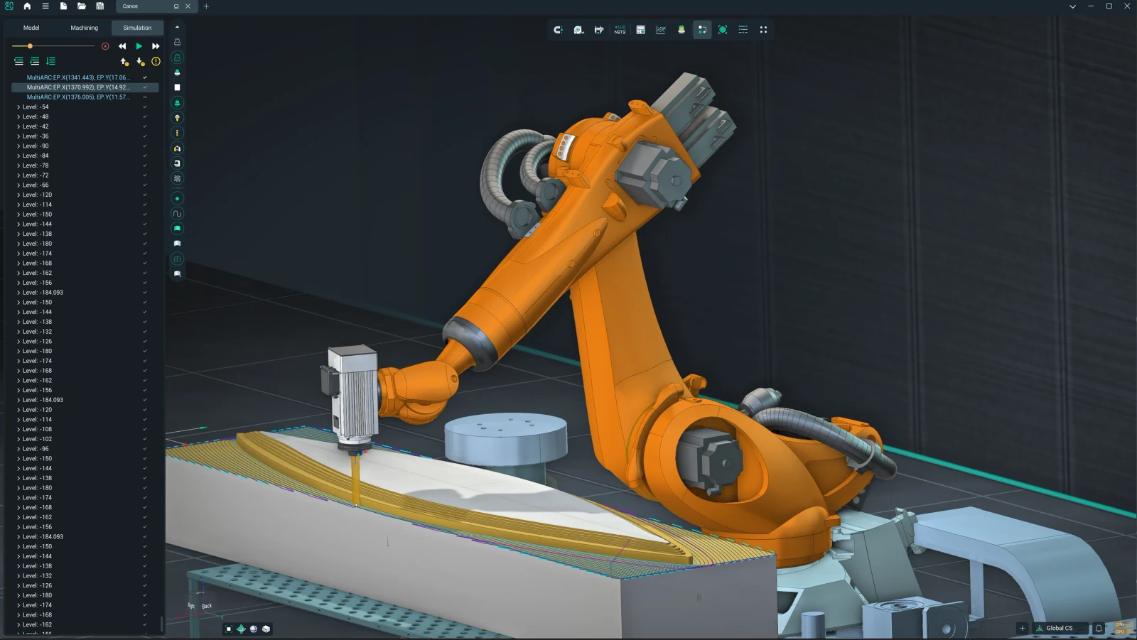 Robot industrial fresando un modelo de canoa con trayectorias de desbaste visibles en ENCY Robot