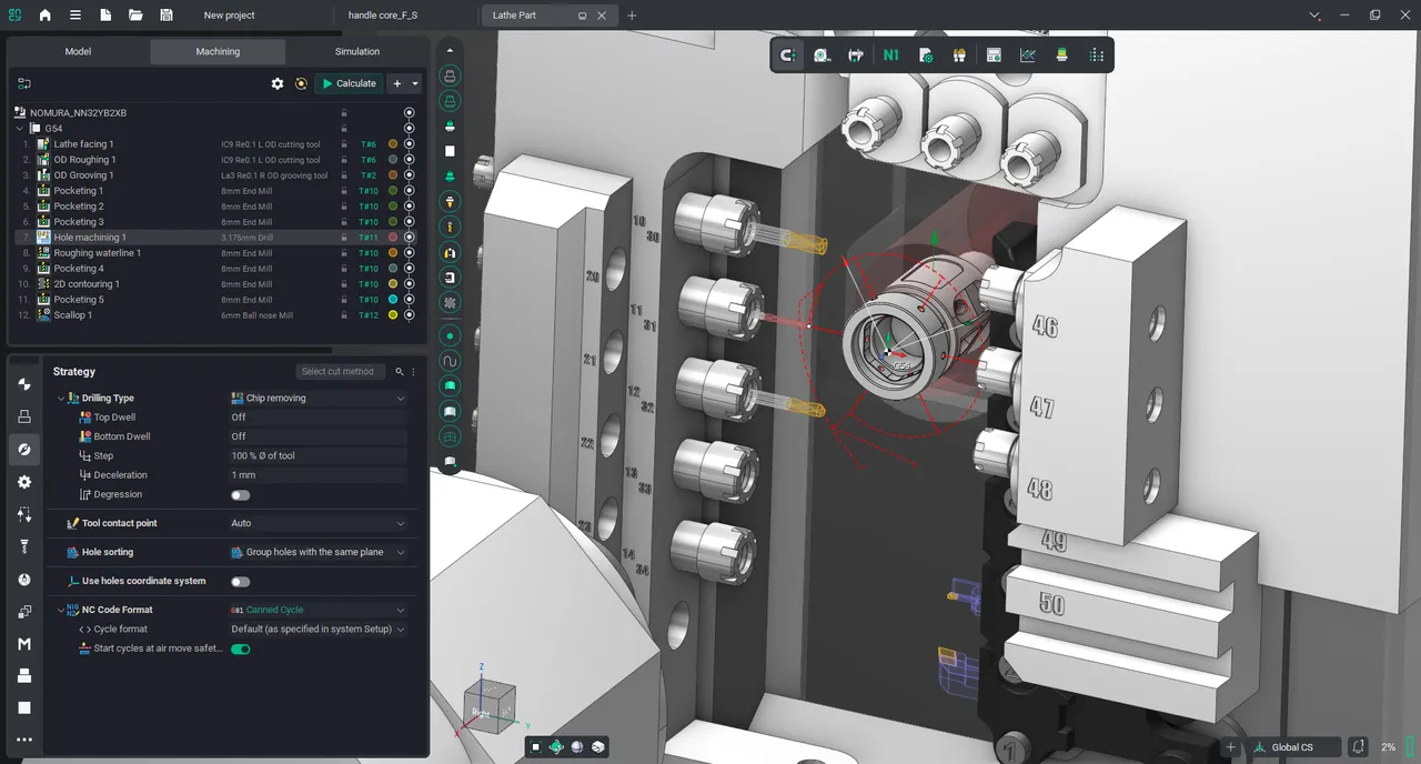 Torno suizo Nomura con herramientas fijas y motorizadas programado en ENCY CAM