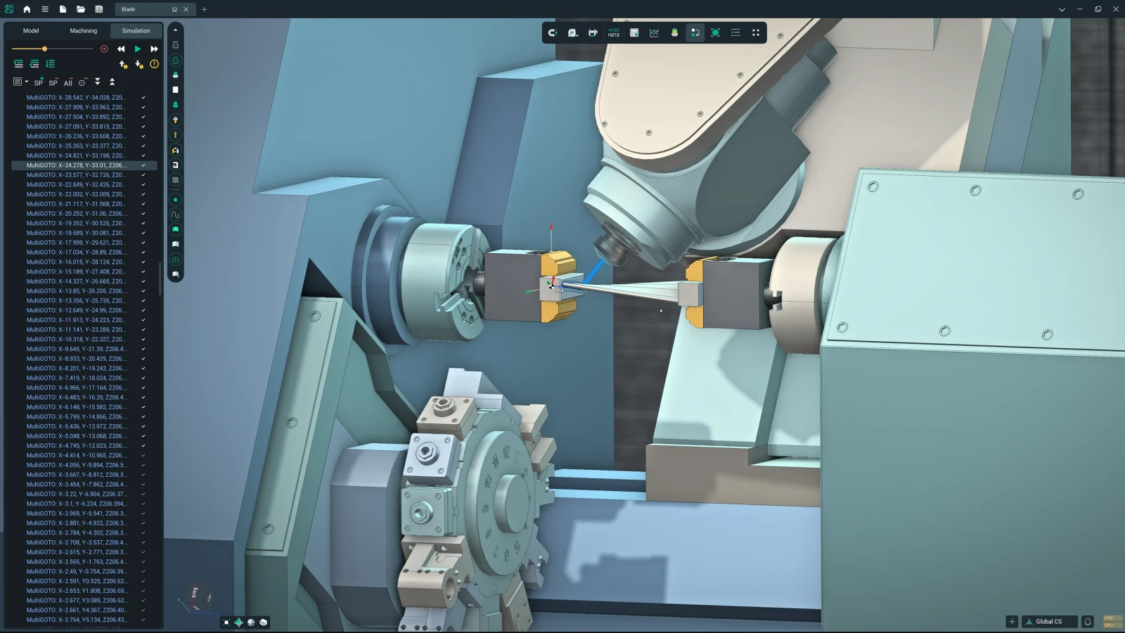 Fresado de un álabe con husillo inclinado dentro de una máquina torno-fresadora en ENCY CAM