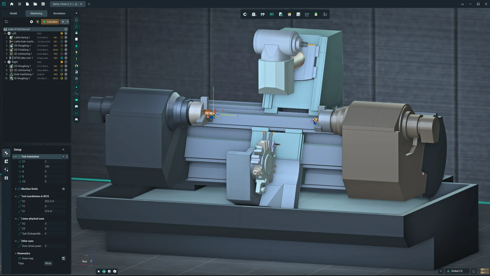 Gemelo digital de un torno-fresador Index G160 con husillos, torreta y operaciones de mecanizado en ENCY CAM