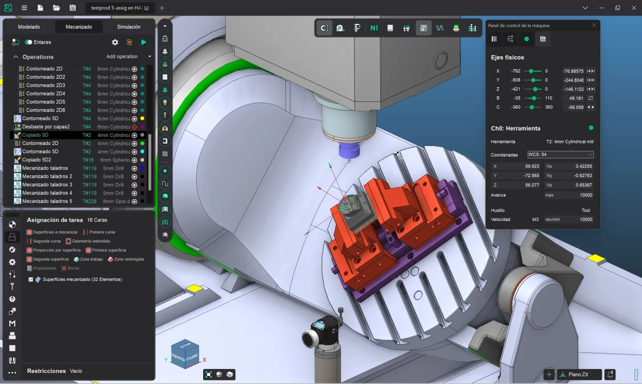 Interfaz de ENCY CAM en español con una máquina CNC y operaciones de fresado