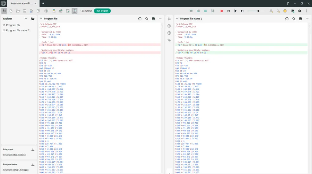 Comparación visual de dos archivos de código NC en ENCY Tuner