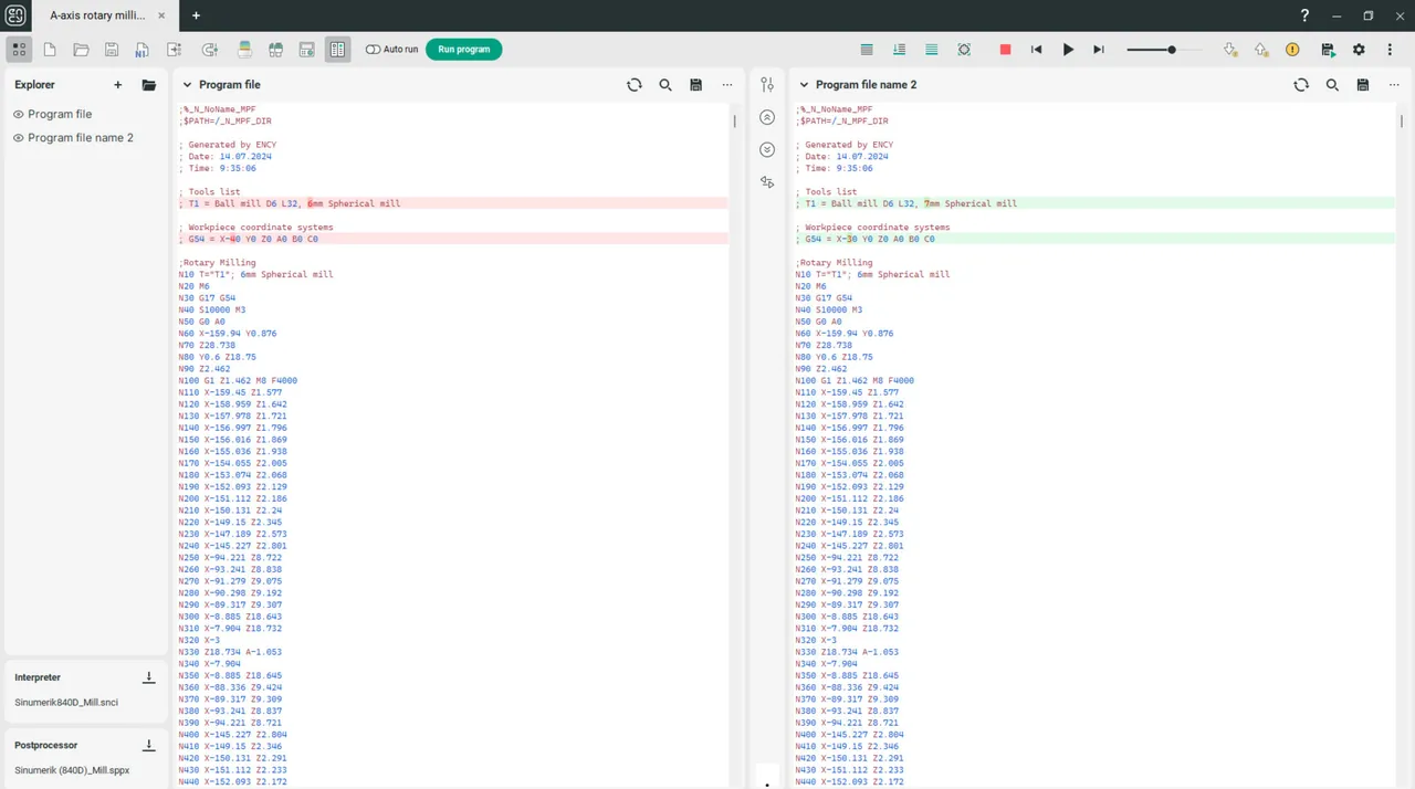 Comparación de dos archivos de código NC en ENCY Tuner