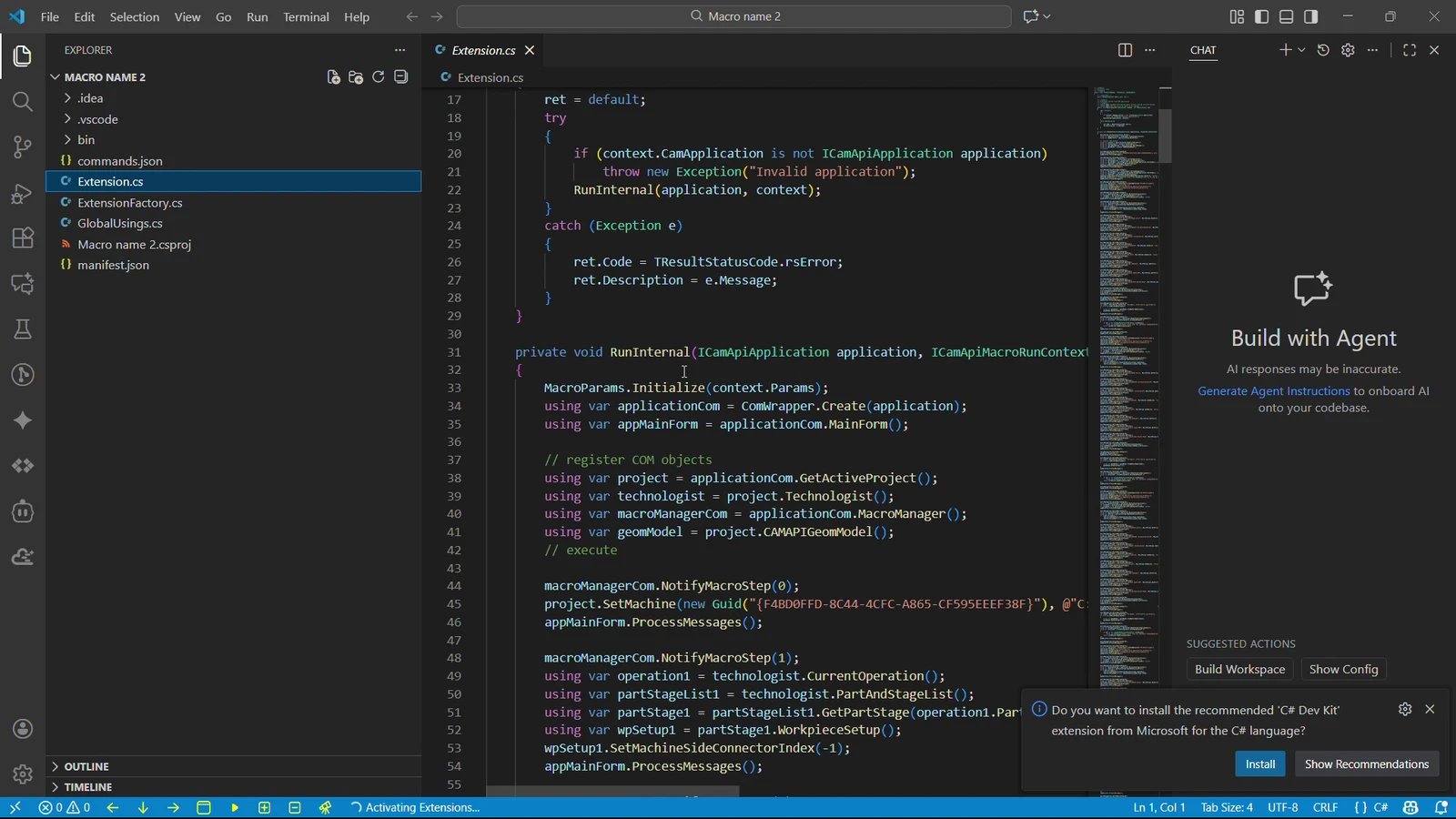 Código C# generado a partir de una macro ENCY abierto en VS Code