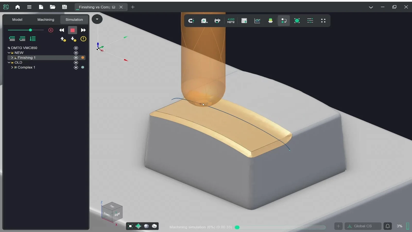 Simulación de una trayectoria Combo Finish sobre una superficie curva en ENCY 3