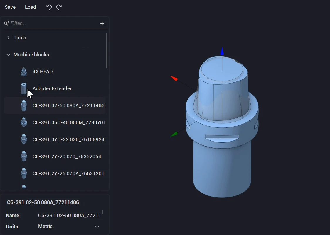 Editor de bibliotecas ENCY con árbol de componentes, propiedades y vista 3D de un adaptador